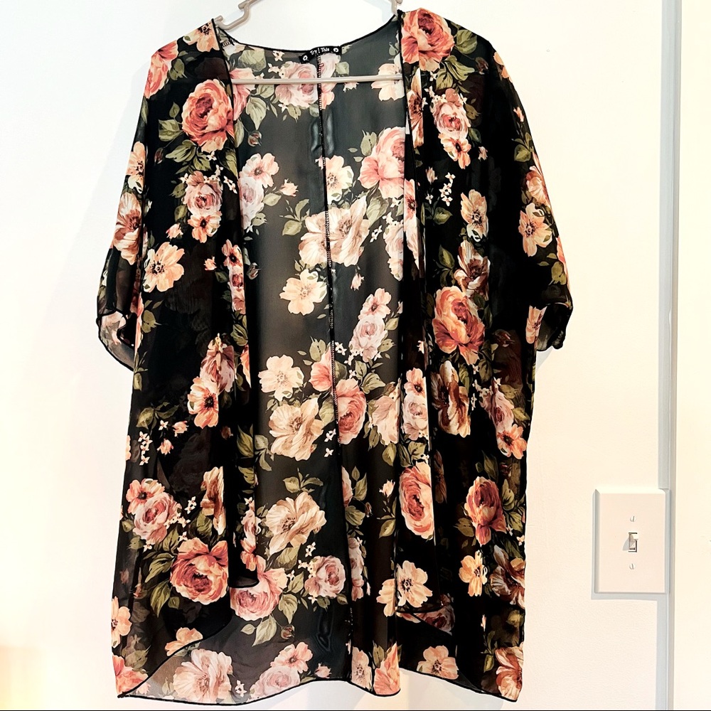 Try This! One Size Black Floral Kimono Cover Up